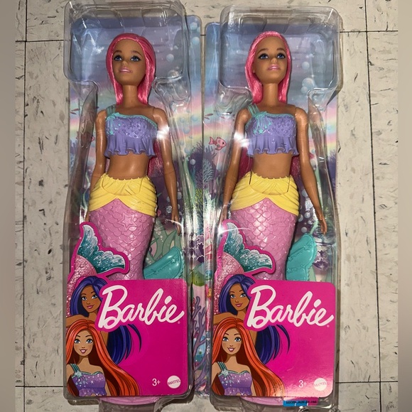 2 Barbie Doll Mermaids with Pink Tail and Yellow Details - Picture 2 of 3